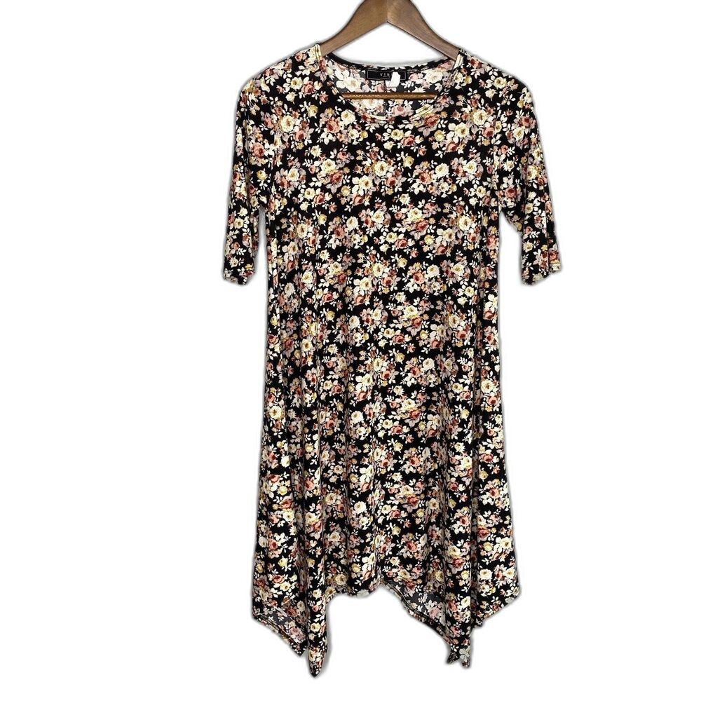 Vibe Petite Women's Dress Small Black Floral Asymmetric Hem Brushed Fabric Boho